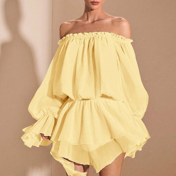 Yellow Boho Women's Elegant French Style Off Shoulder Long Sleeve Shirt Dress - Picture 9 of 9